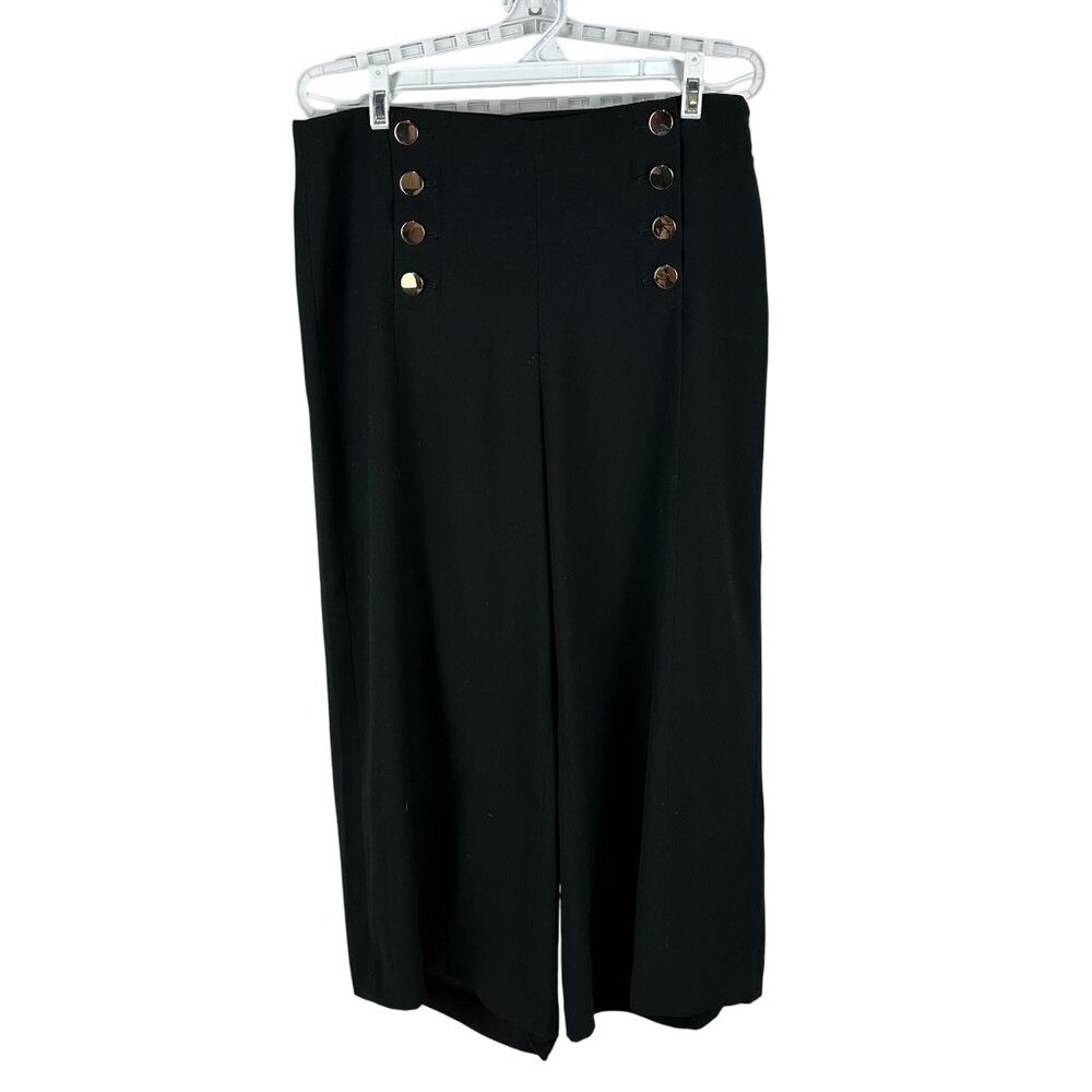 Loft Womens High-Waist Black Button Front Wide-Leg Pants Size 6